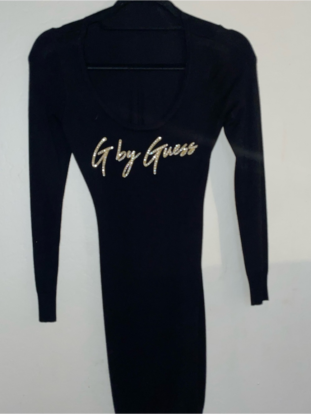 G by Guess Black Long Sleeve Scoop Neck Dress with Gold Script Logo